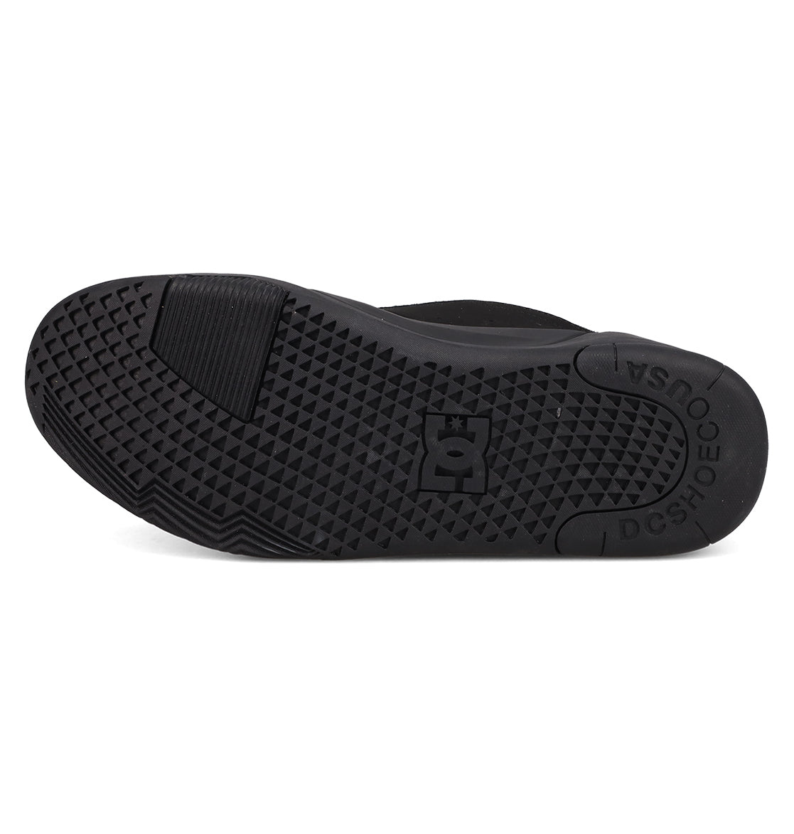 The image shows the black rubber sole of DC Shoes Men's Fractal Shoes, with a geometric fractal-inspired grip pattern, the DC Shoes logo at the center, and "DC SHOES" and "USA" embossed near the heel.