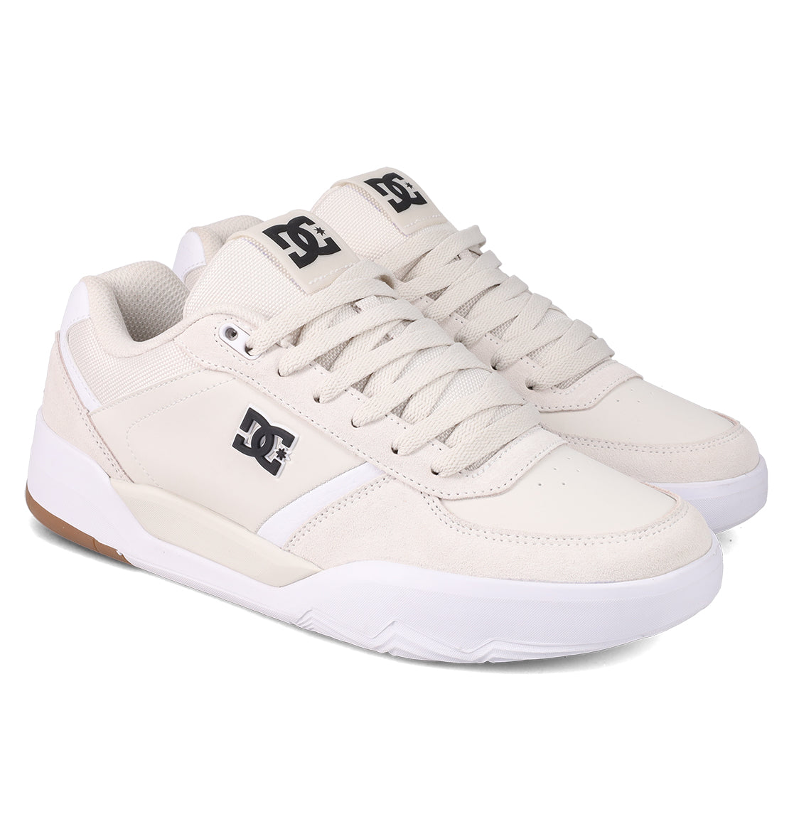 Men's Fractal Shoes by DC Shoes in off-white feature white midsoles, tan outsoles, mesh accents, and DC logos on the side and tongue. These low-tops offer performance comfort and street-ready style.