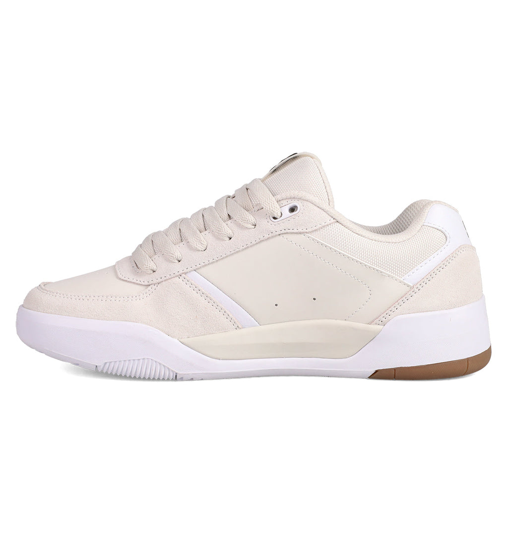The Men’s Fractal Shoes by DC Shoes feature a beige and white low-top design with lace-up closure, a white midsole, light beige panels, subtle white stripes, and a brown heel accent for street style and comfort.