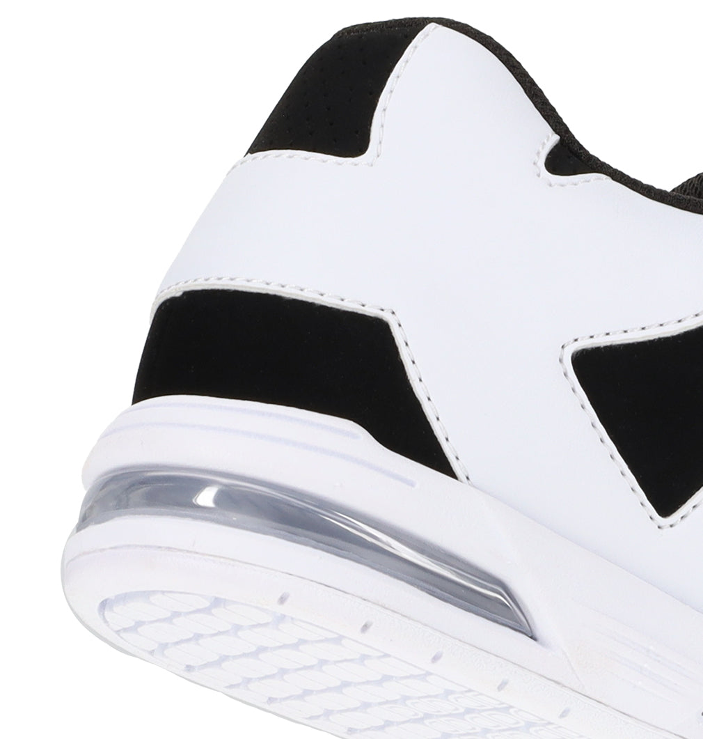 Close-up of the heel of a white and black Women’s Command Shoe by DC Shoes, featuring signature cushioning and a textured white sole, set against a plain background that radiates old-school energy.