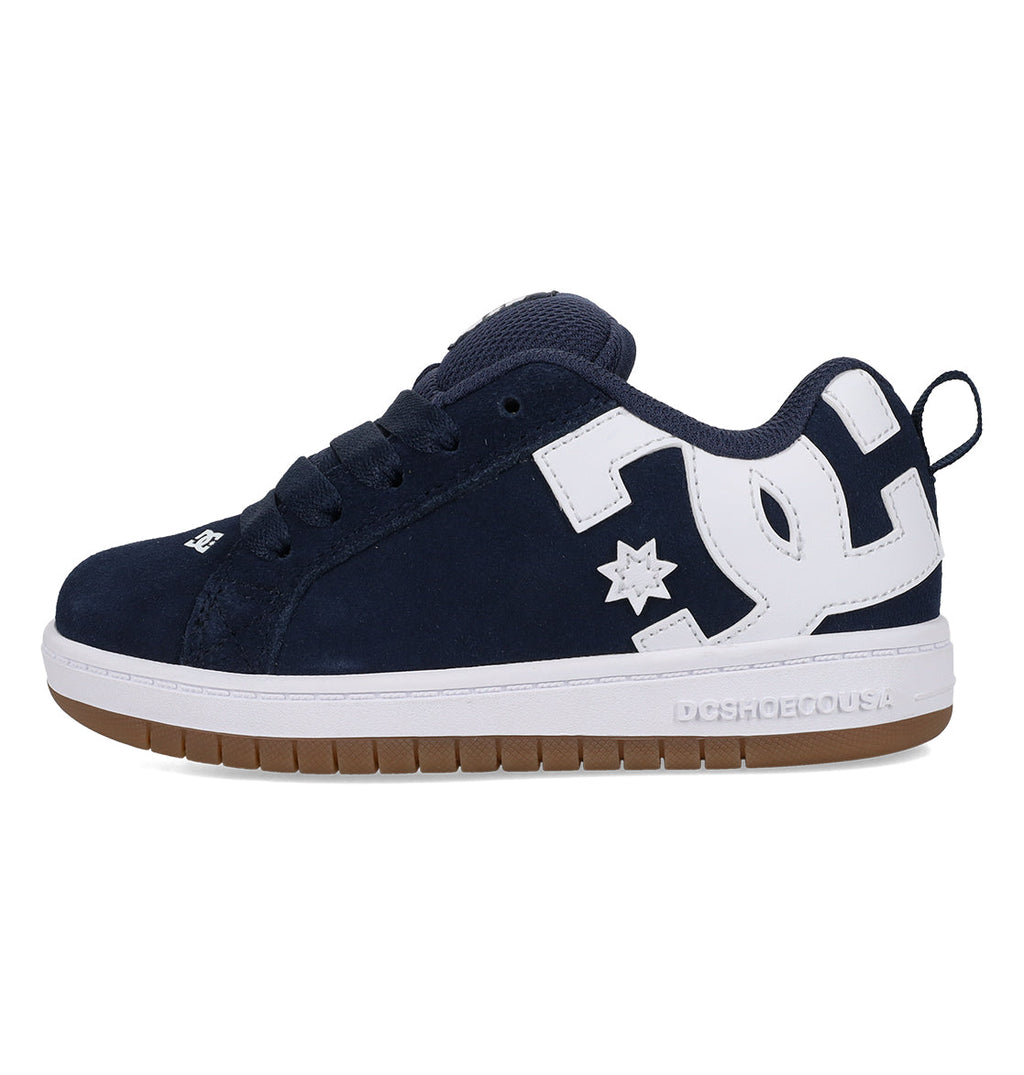 DC Shoes Kids’ Court Graffik skate shoe in navy blue and white, featuring a bold DC logo on the side, classic puffy silhouette, gum sole, and black laces—shown in a side profile against a white background, ideal for any kids’ shoe collection.
