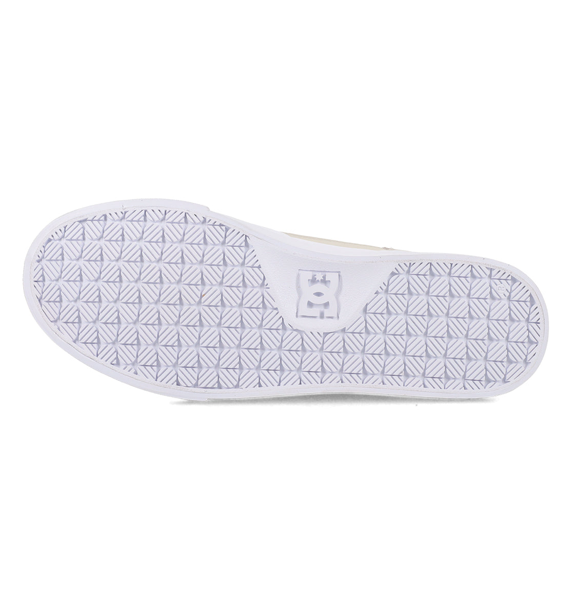 The image displays the white sole of the Men’s Onyx Skate Shoes by DC Shoes, featuring a geometric tread pattern and a central logo to emphasize its minimal silhouette—making it an ideal choice for your everyday footwear.