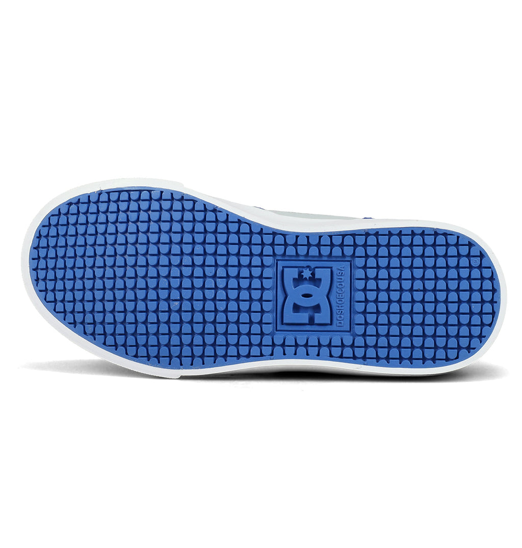 The Kids’ Onyx Shoes from DC Shoes feature a blue rubber sole with a textured pattern and a rectangular logo displaying the DC branding with a star in the center, making them an everyday go-to for style and comfort.