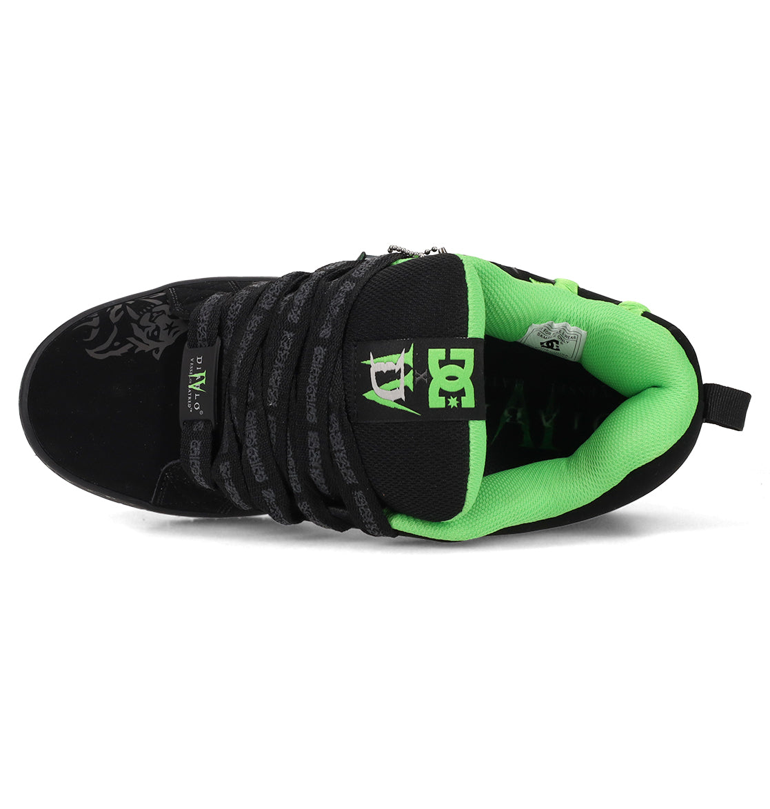 Top view of the Men’s Court Graffik x Diablo in black with green interior, black laces, DC Shoes logos on tongue and insole, and a lion graphic by the toe.