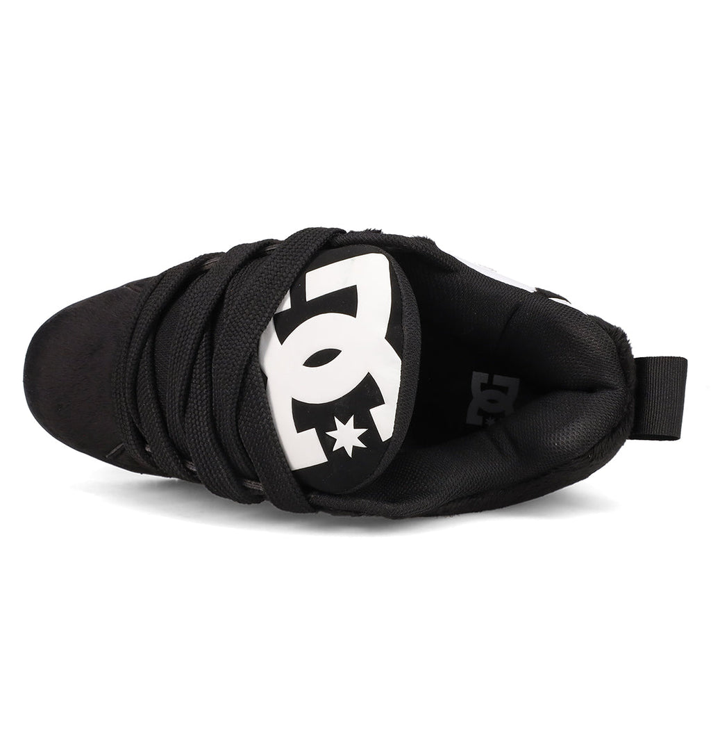 A top view of the Men's Court Graffik Puff Shoes by DC Shoes, showcasing a black puffy silhouette, thick laces, padded collar, pull tab on the heel, and a white DC Shoes logo on the tongue.