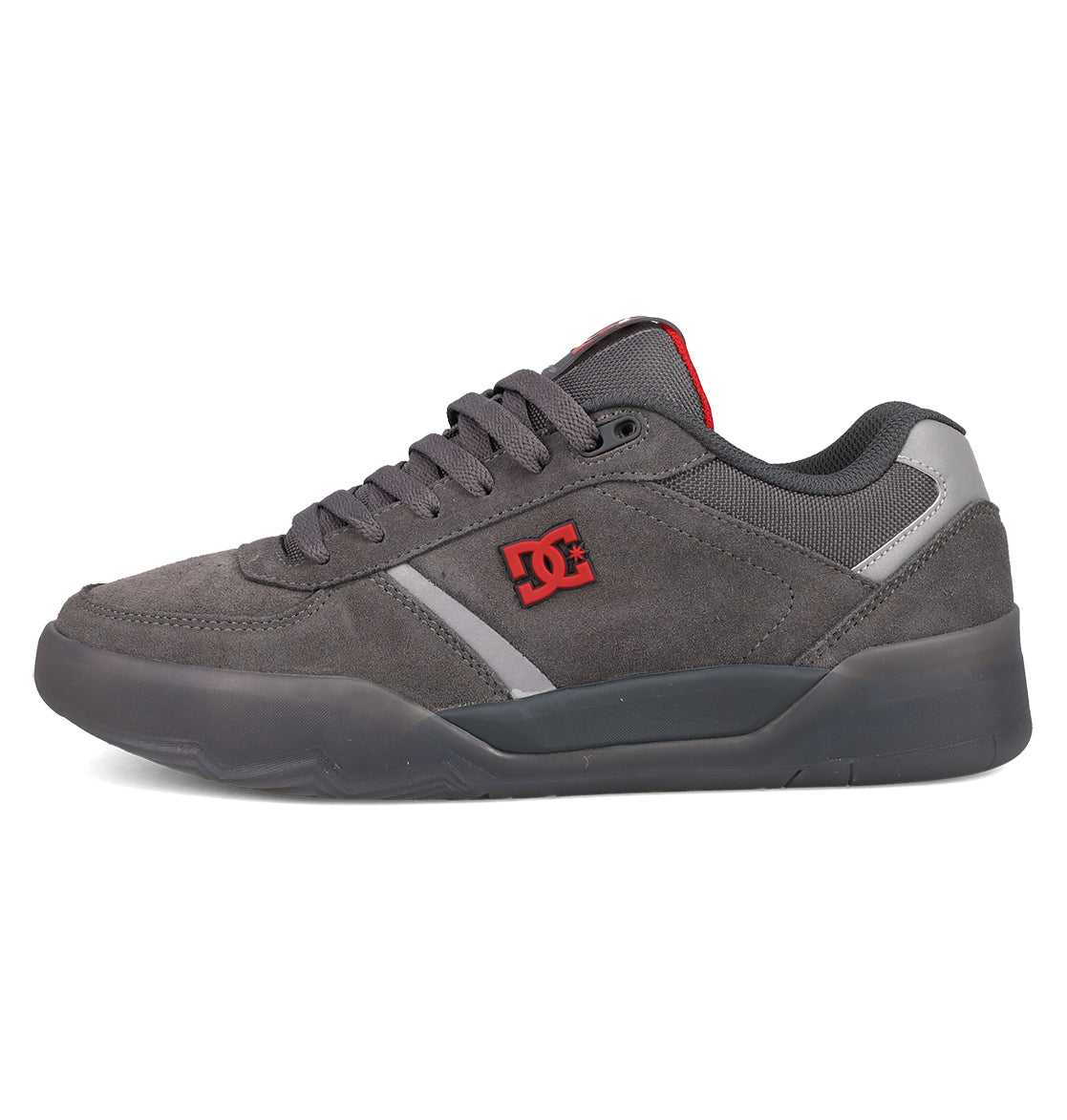 The DC Shoes Men's Fractal SE features a dark gray suede upper, gray laces, black rubber sole, red side DC logo, mesh ankle detailing, and a low-cut silhouette for standout street style and comfort.