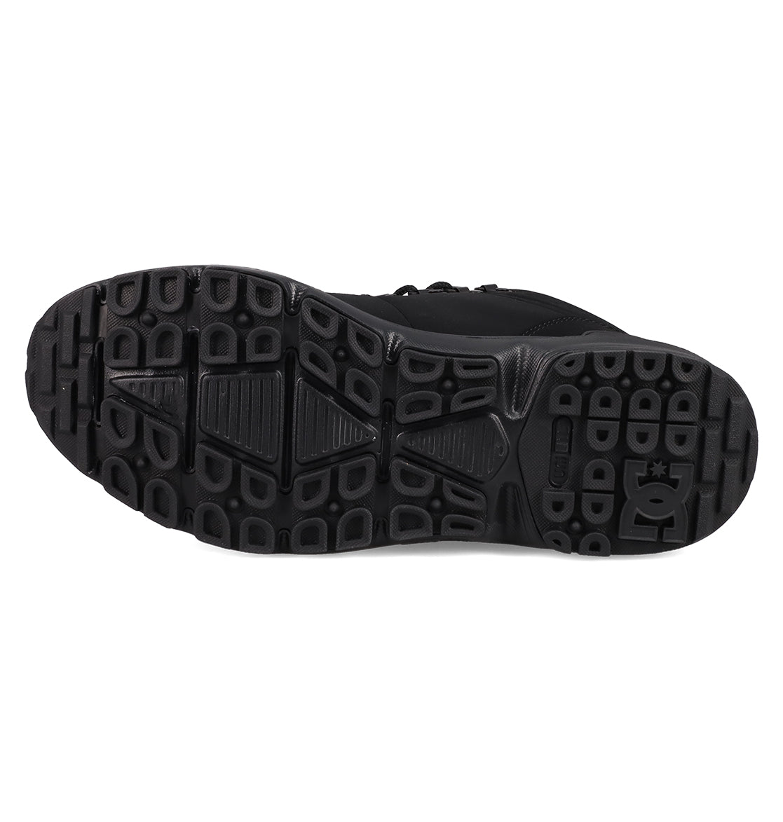 The Men's DC Tarmont Shoes by DC Shoes feature a black sole with a textured geometric tread for superior grip and durability. The embossed DC Shoes logo near the heel adds style, while the sturdy design ensures all-weather traction.