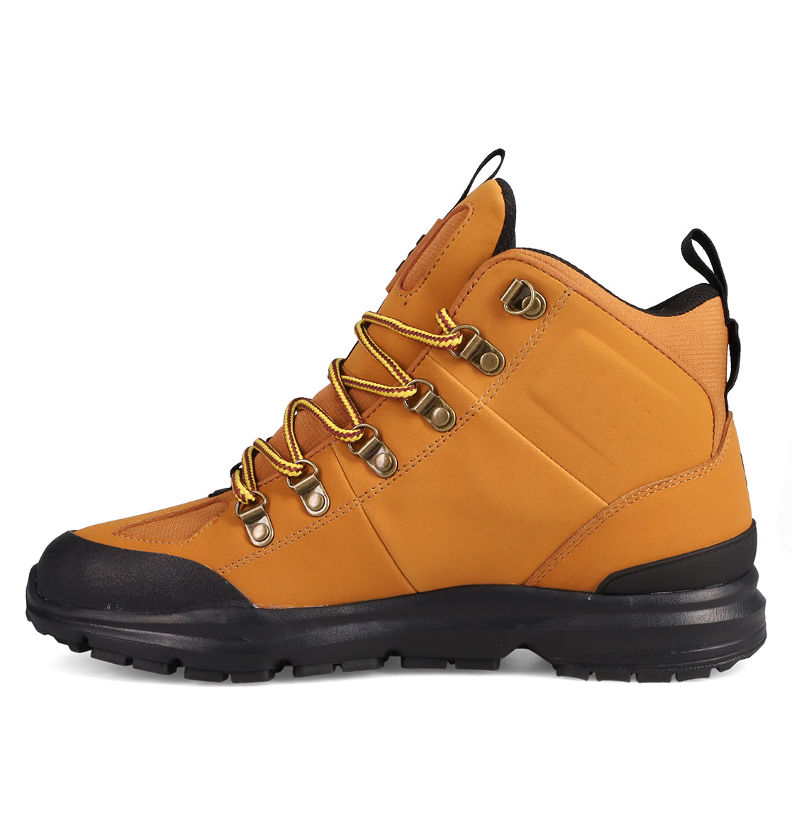 The Men's DC Tarmont Shoes by DC Shoes feature a tan upper with yellow laces, metal eyelets, black padded collar, and a thick black rubber sole—shown side view on white, perfect for street style and all-weather use.