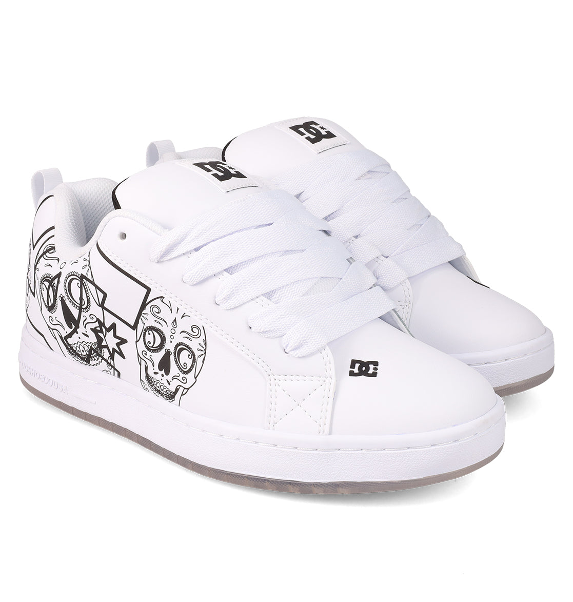 Experience fresh style with the Men’s Court Graffik Day of the Dead skate shoes by DC Shoes. These low-top sneakers showcase thick laces and striking black graphic designs—including skulls and stars—on a white base, all part of the exclusive Día de los Muertos Collection. A subtly patterned white sole completes their bold, stylish look.