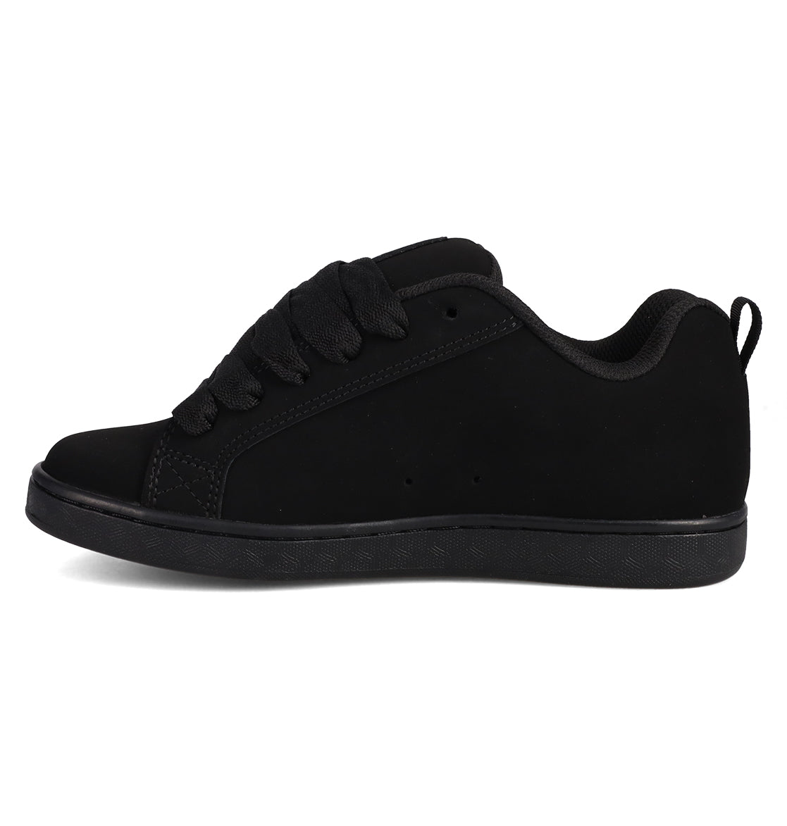 The DC Shoes Women’s Court Graffik Day Of The Dead is a black sneaker featuring thick laces, a low-top design, and a flat sole, shown from the side on a white background.