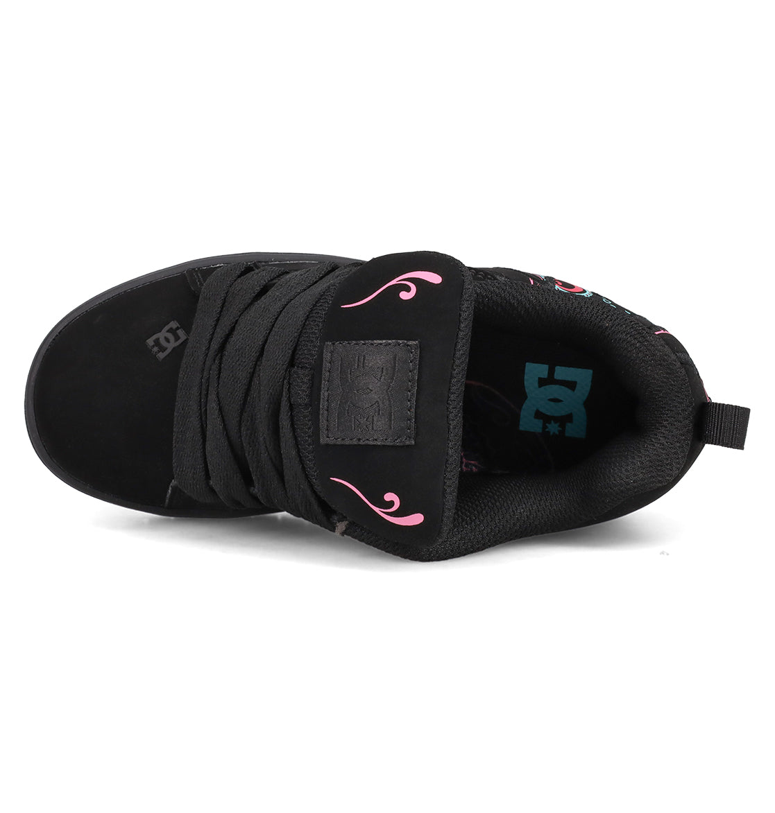 Top view of the Kids’ Court Graffik Day Of The Dead sneaker by DC Shoes, featuring wide black laces, pink decorative swirls, and a teal DC logo inside.