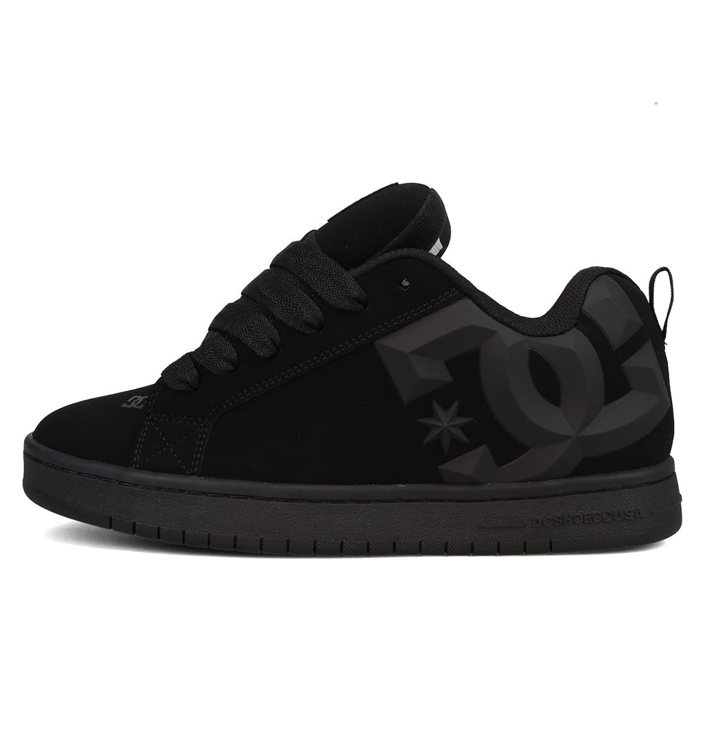 The Men’s Court Graffik Beveled Shoes by DC Shoes feature a black skate-inspired design with a puffy silhouette, thick laces, flat sole, and a large dark gray DC logo on the side.