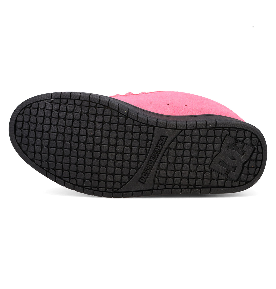 The sole of a pink DC Shoes Men’s Court Graffik Beveled Special Edition Shoe is displayed, showcasing the signature puffy silhouette and a textured black rubber outsole adorned with distinctive DC branding and the words “DORSI BONUS” embossed in the center—a tribute to the iconic Court Graffik Beveled style.