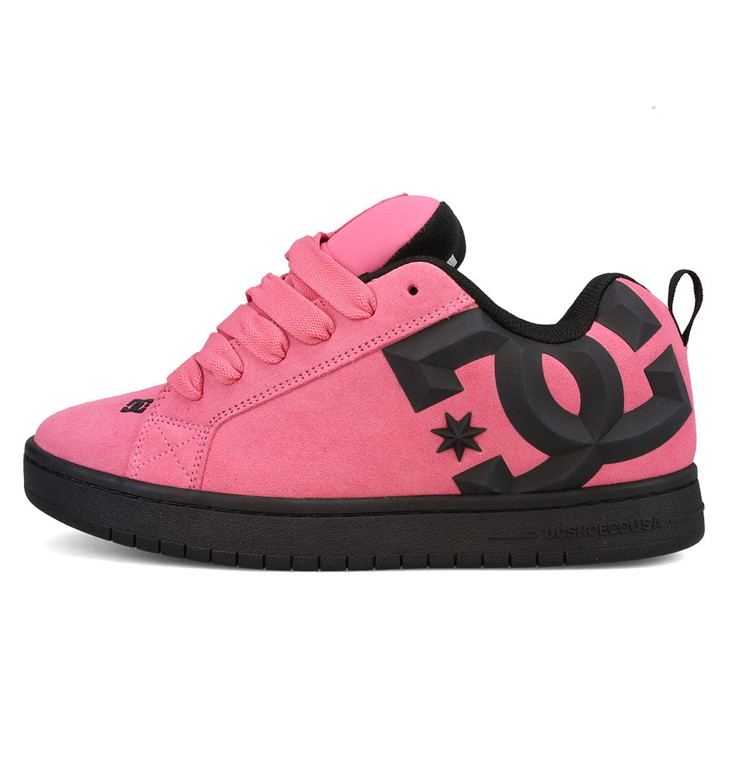 The DC Shoes Men’s Court Graffik Beveled Special Edition features a vibrant pink skate shoe design with a puffy silhouette, thick laces, a black sole, and an oversized black DC branding logo on the side.