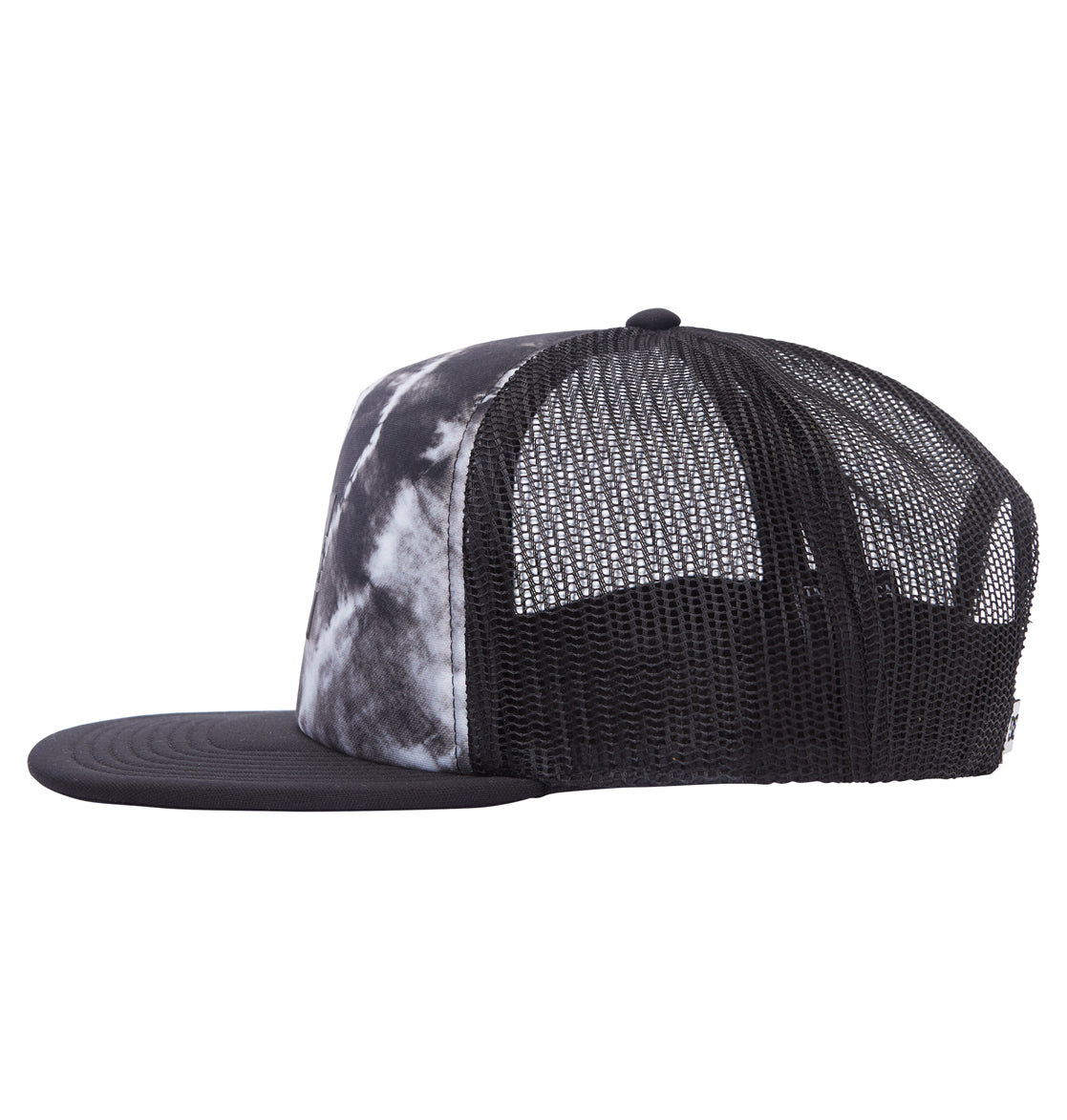 The Reebok Gas Station Trucker Boy is a black mesh trucker hat with a flat brim and a white and black tie-dye front panel, shown in profile.