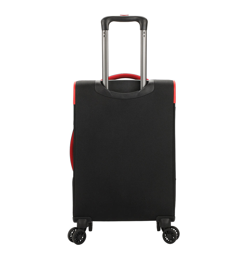 The DC Shoes DC Runner Carry-On is a black suitcase with a red handle and trim, shown upright with its telescopic handle extended and facing away, isolated on a white background.