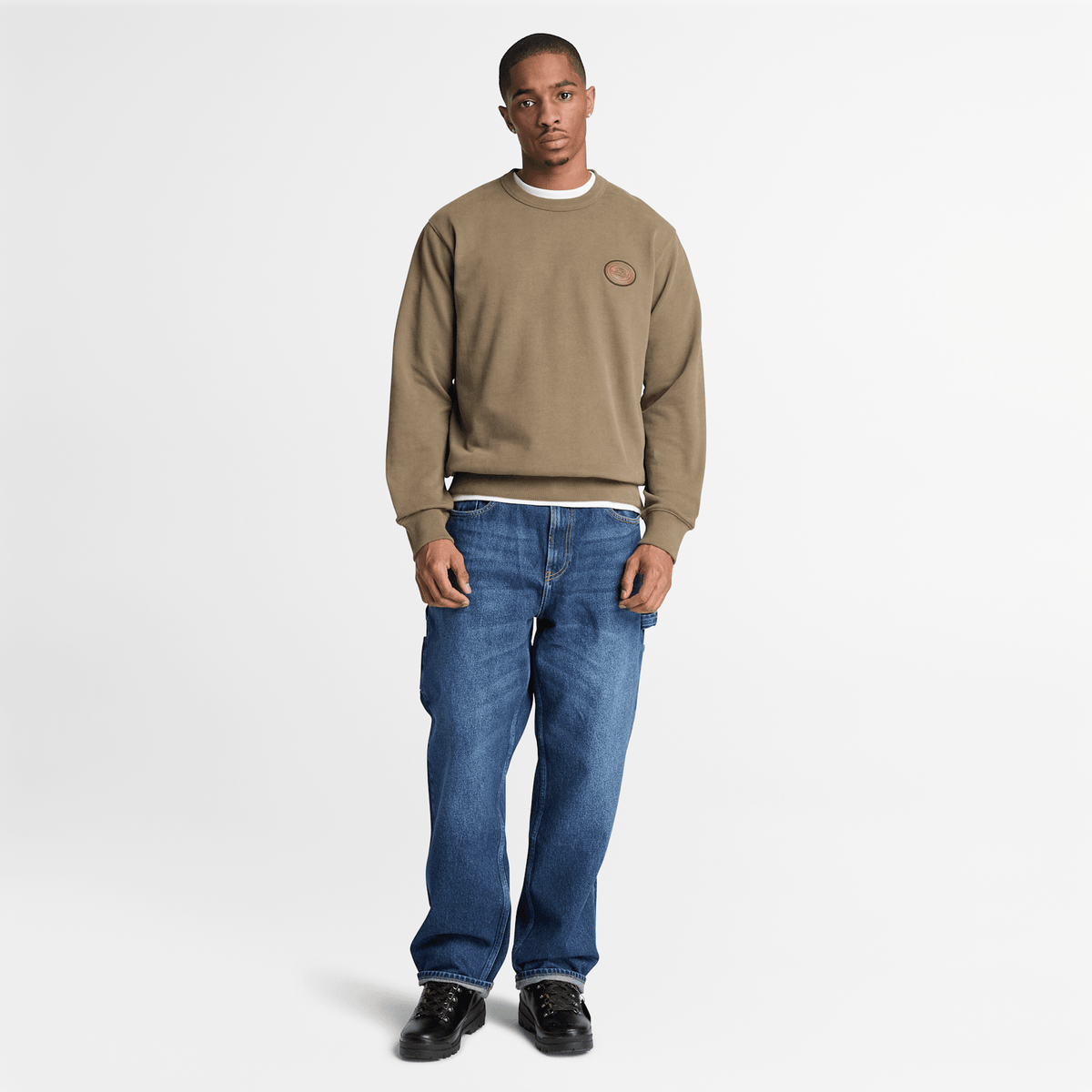 Mens Leather Patch Crew Sweatshirt TBL Dark Olive ALT2