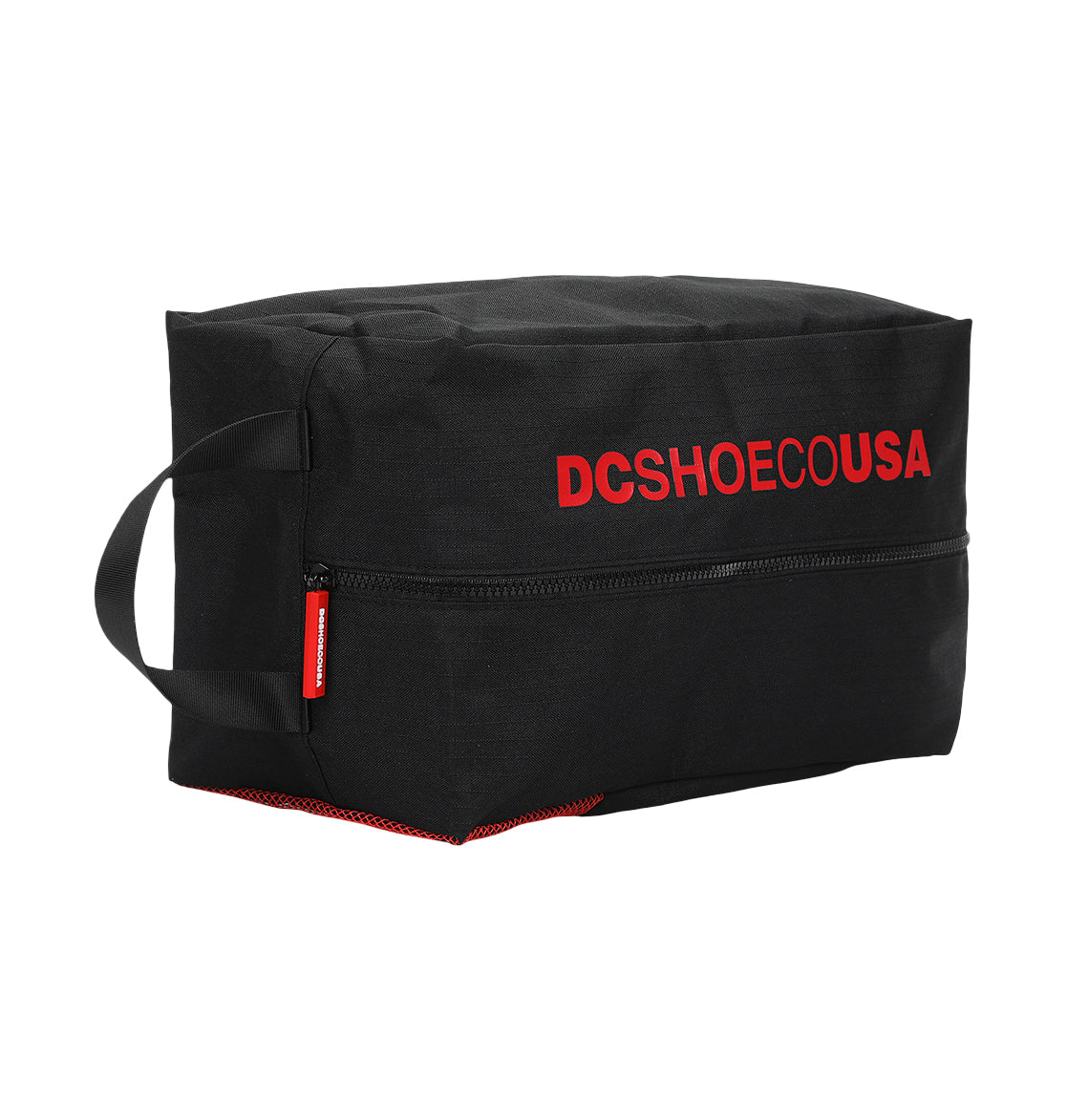 The DC Shoes Runner Shoe Bag is a black rectangular travel bag featuring a zipper, side handle, and bold red "DCSHOECOUSA" lettering on the front.
