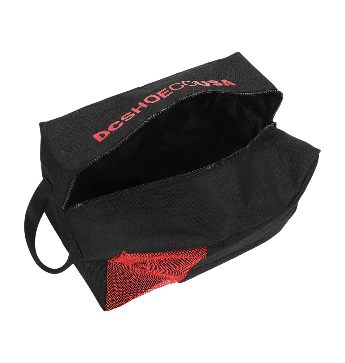 The DC Runner Shoe Bag by DC Shoes is a black zippered bag with "DCSHOECOUSA" in red on top, a side handle, and a red mesh pocket at one end. The bag is shown open with an empty interior.