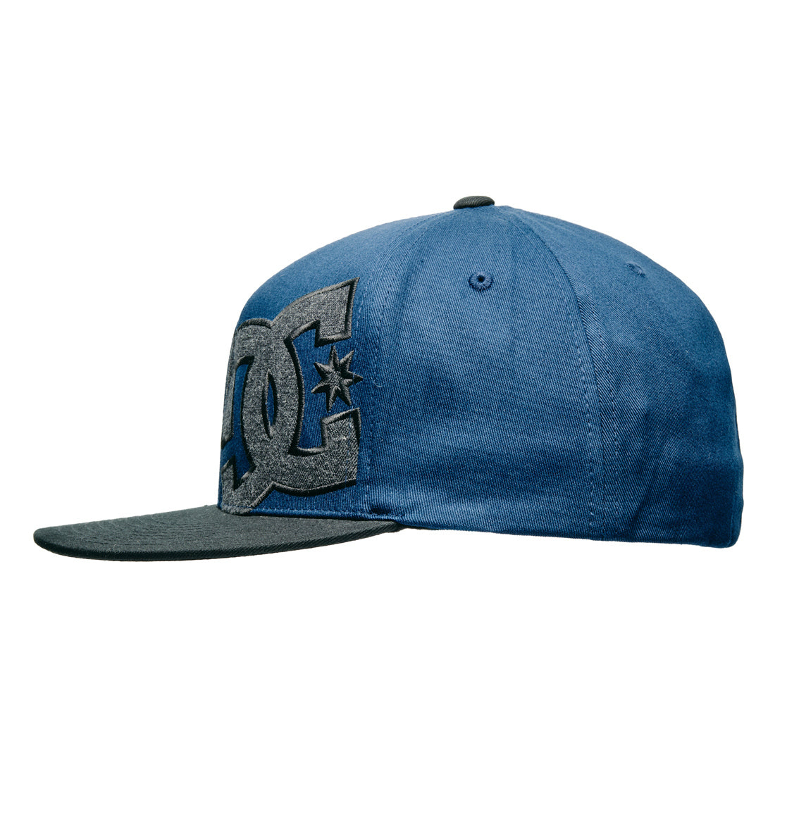Blue and black DC Shoes Offset Flexfit cap featuring a large embroidered DC logo on the front left panel and a crisp flat brim, shown from the right side on a white background.