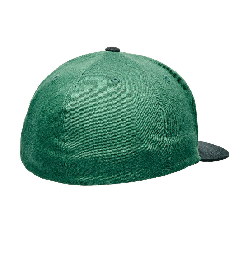 A green Offset Flexfit cap by DC Shoes with a black flat brim, displayed from the back. This cap features stitched panels, a small black button on top, and subtle DC Shoes logo detailing for added style.