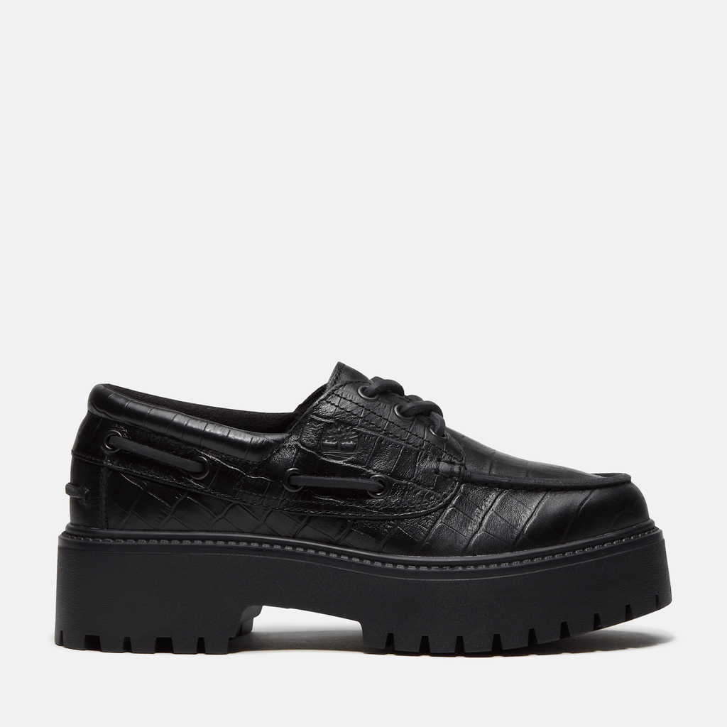 Womens Stone Street Platform Boat Shoe TBL Black FullGrain Croc HERO