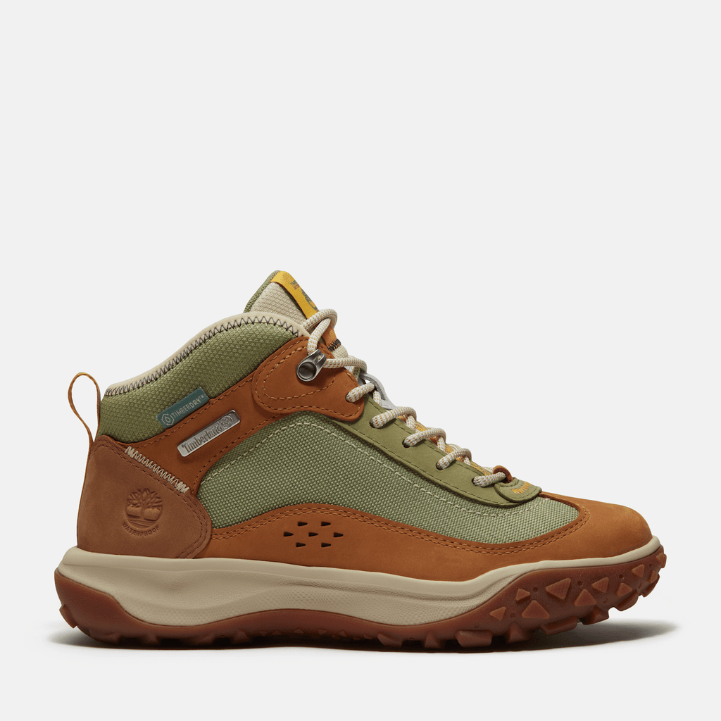 Womens TimberCush Motion 7 Mid Waterproof Sneaker TBL Wheat Nubuck HERO