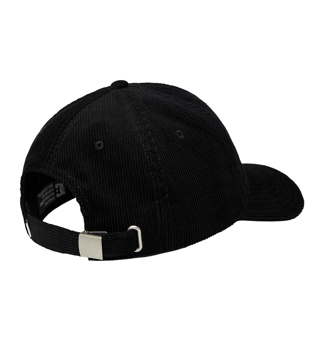 The Kids' DC Star Strapback Cap by DC Shoes is a black corduroy skate hat with a metal buckle strap for adjustment, DC branding above the back opening, and a classic curved brim.