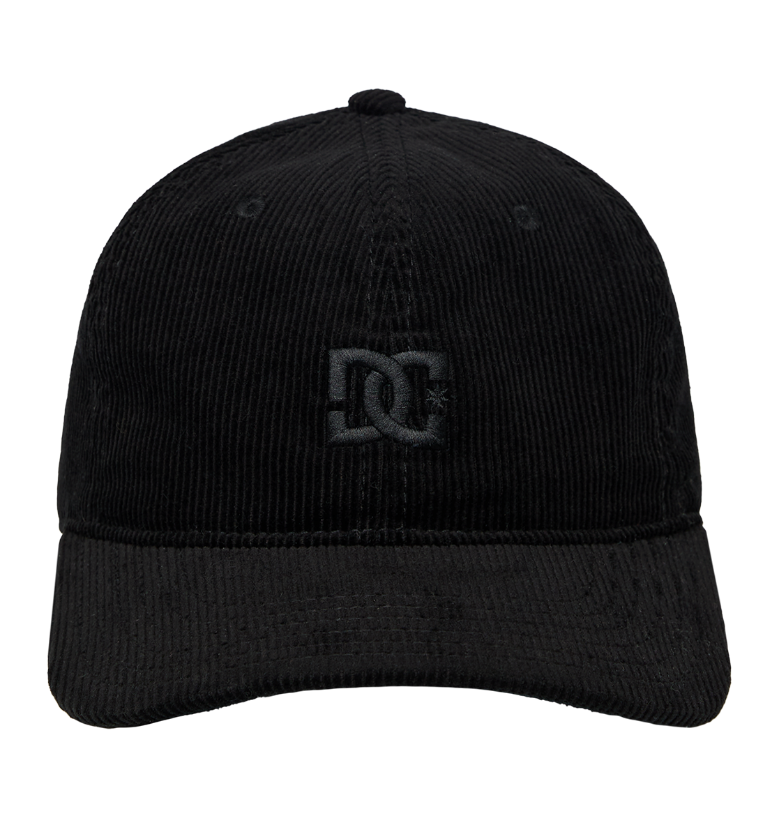 The Kids' DC Star Strapback Cap by DC Shoes is a black corduroy skate cap with a curved brim and an embroidered black DC Shoes logo on the front, shown against a plain white background.