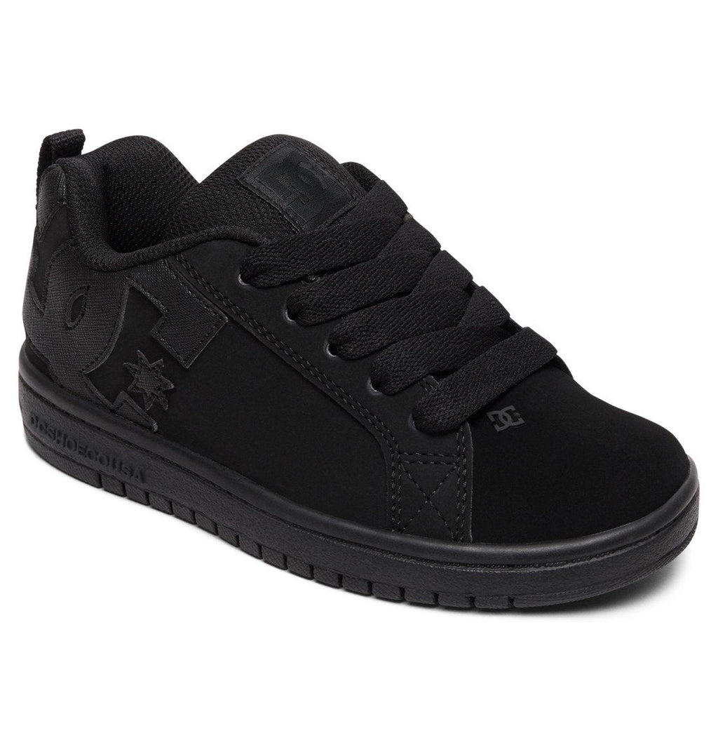 The Kids’ Court Graffik Shoes by DC Shoes are black skate-style sneakers featuring a puffy silhouette, thick laces, and a rubber sole. With the iconic DC logo on the tongue and side, these low-top shoes offer textured details and are ideal additions to any kids’ shoe collection.