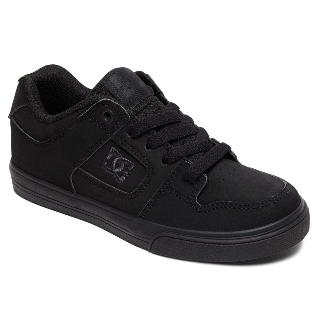 Introducing the Kids’ Pure Shoes by DC Shoes: these black skate shoes are designed specifically for kids, featuring a sleek all-black look with matching laces, a padded collar for extra comfort, a perforated toe for breathability, and a subtle DC logo on the side. The low-top design and slightly textured sole offer both style and durability, making them perfect for everyday wear.
