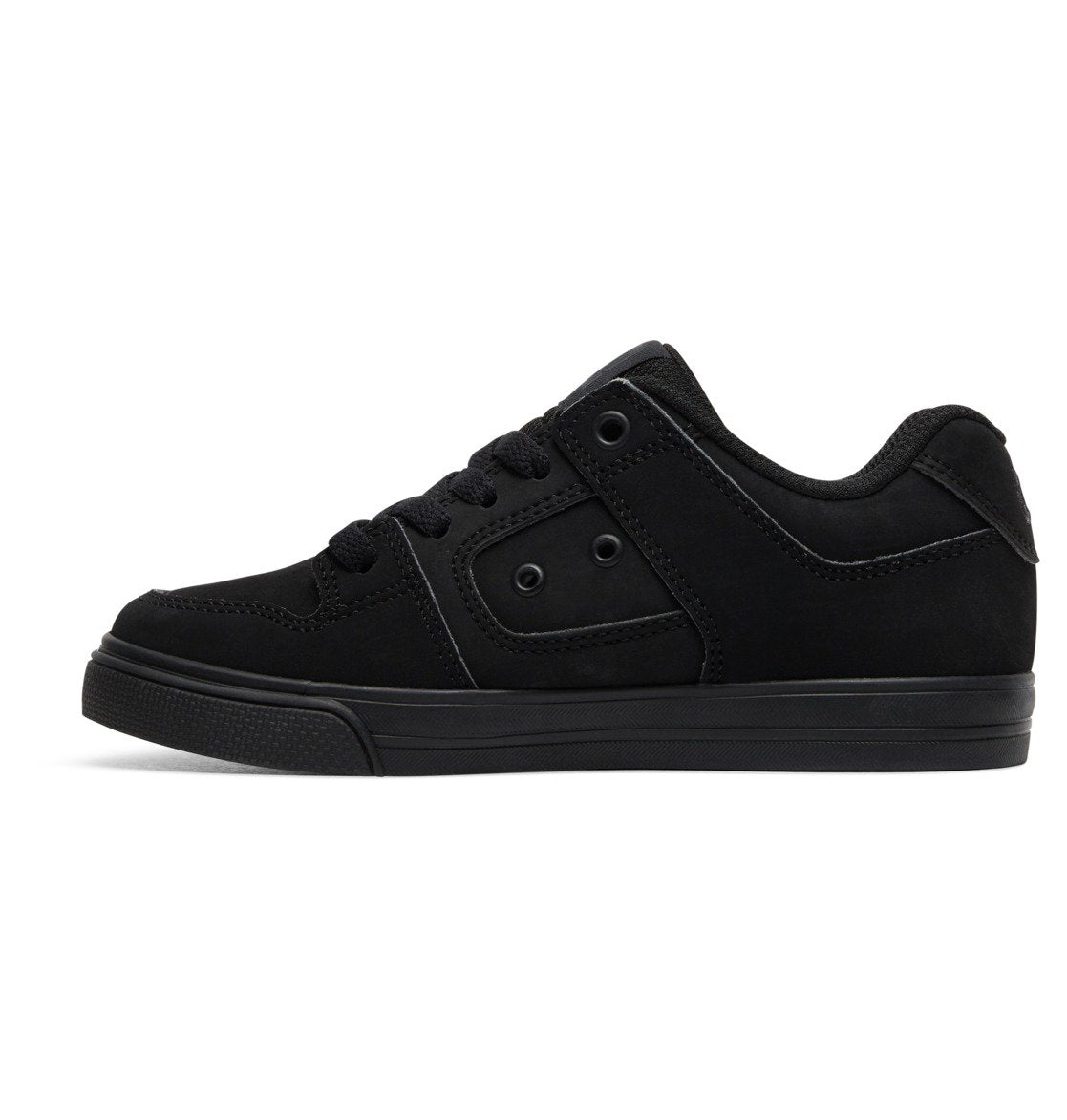 The DC Shoes Kids’ Pure Shoes are black low-top sneakers with a flat sole, black laces, and minimal stitching, displayed in a side profile view on a white background—ideal as comfortable skate shoes for active kids.