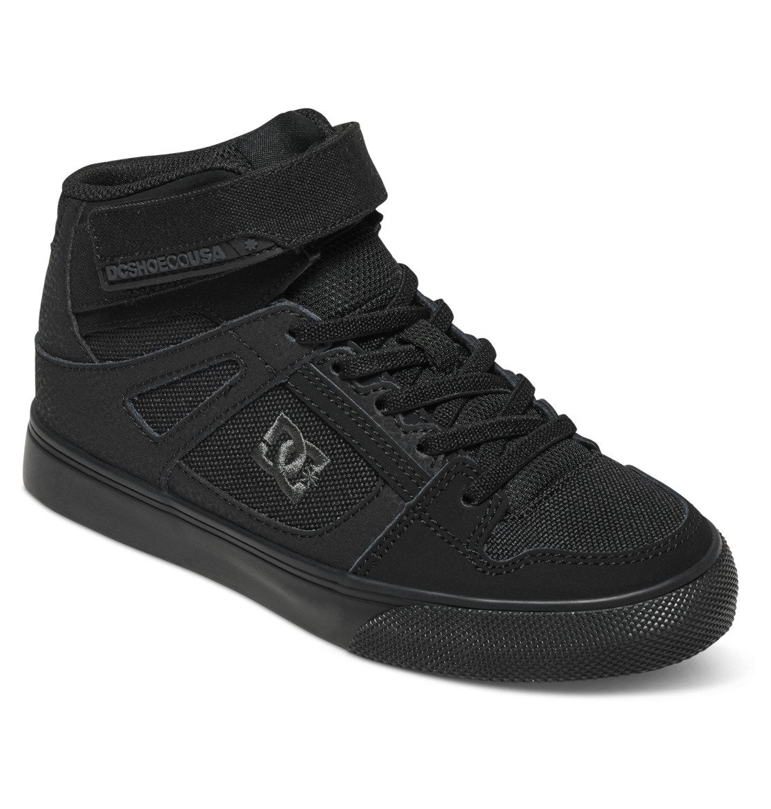 The Kids’ Pure High Elastic Lace High-Top Shoes from DC Shoes are black high-top sneakers designed for kids, featuring a velcro ankle strap, mesh and suede panels, black laces, and a durable rubber sole—making them an ideal choice for young skaters.