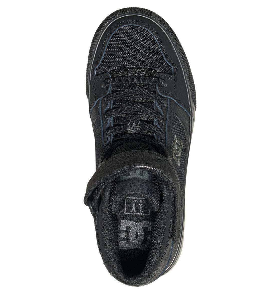 The DC Shoes Kids’ Pure High Elastic Lace High-Top Sneaker is shown from above, highlighting its black elastic laces, mesh fabric, and distinct DC logo accents on the tongue and side. Designed with a secure ankle strap for added support, this unworn kids’ skate shoe is displayed against a white background.