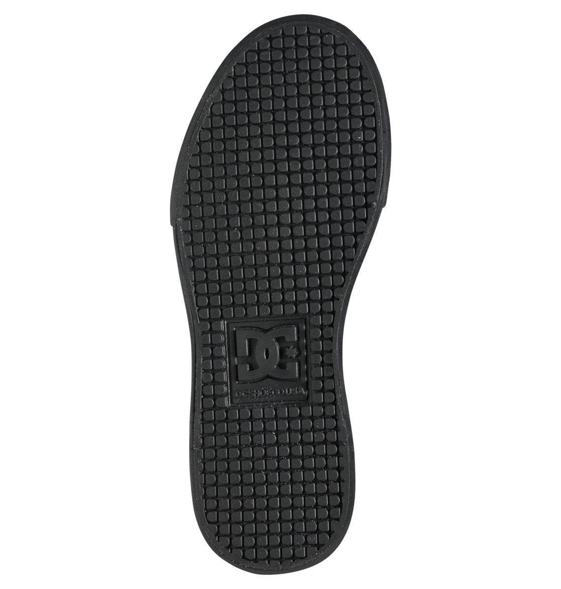 Rubber sole of the DC Shoes Kids’ Pure High Elastic Lace High-Top Shoes featuring a black, grid-textured tread and a raised rectangular section with the DC Shoes logo at the center. Designed for kids’ high-top sneakers, this durable sole is shown from the bottom view.