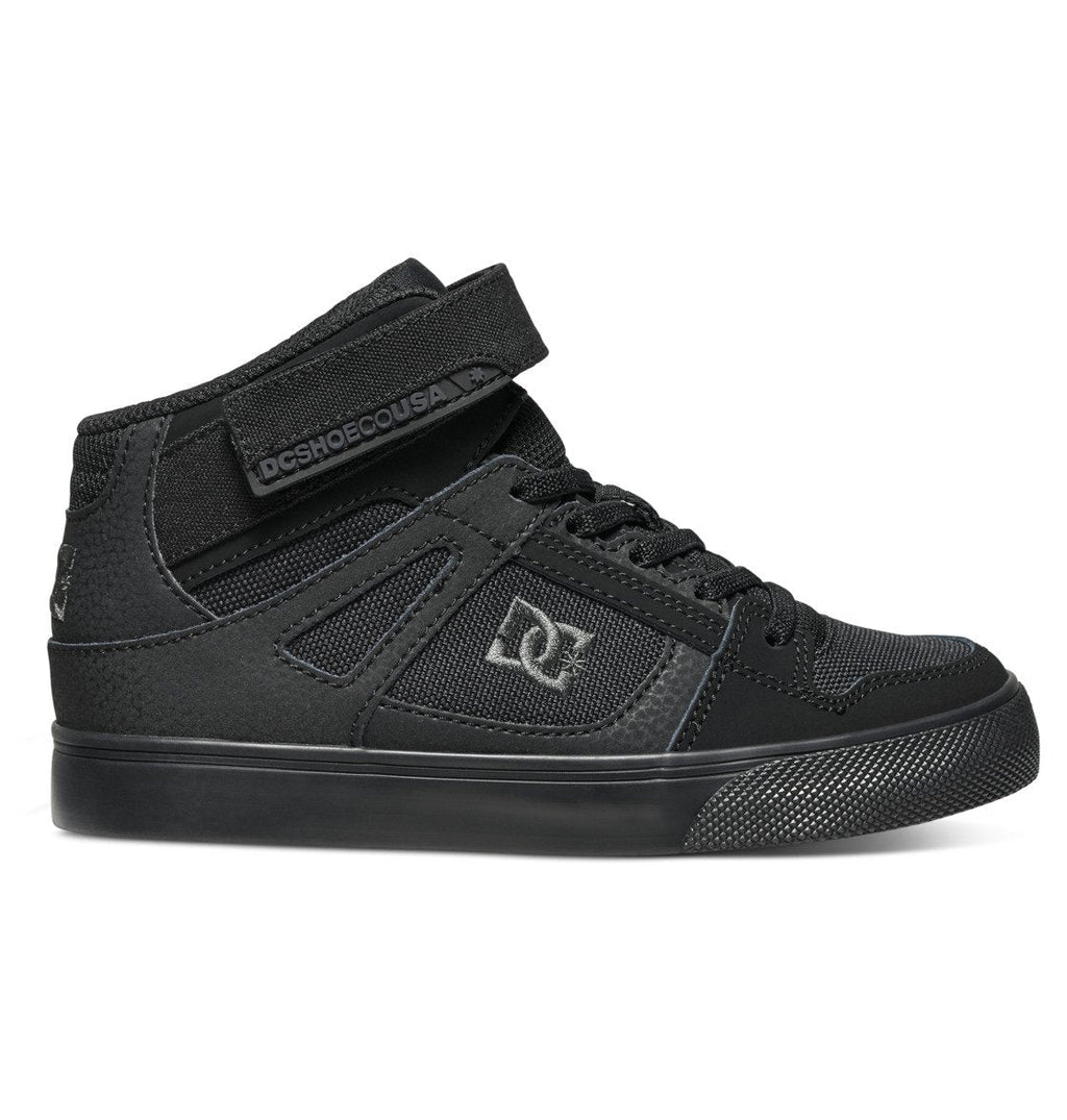 The Kids’ Pure High Elastic Lace High-Top Shoes by DC Shoes are black high top sneakers for kids, featuring a secure velcro ankle strap, elastic lace-up front, mesh and suede panels, a durable rubber sole, and the signature DC Shoes logo on the side—making them the perfect choice for stylish kids skate shoes.