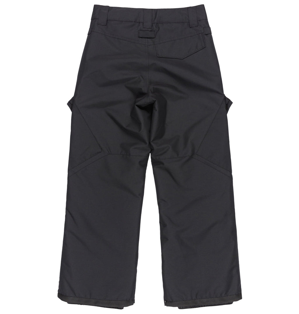 Back view of the DC Shoes Kids’ Banshee Snow Pants in black, featuring waterproof construction, reinforced knees, belt loops, a rear pocket, and wide legs. These insulated snow pants are designed for outdoor or winter activities.