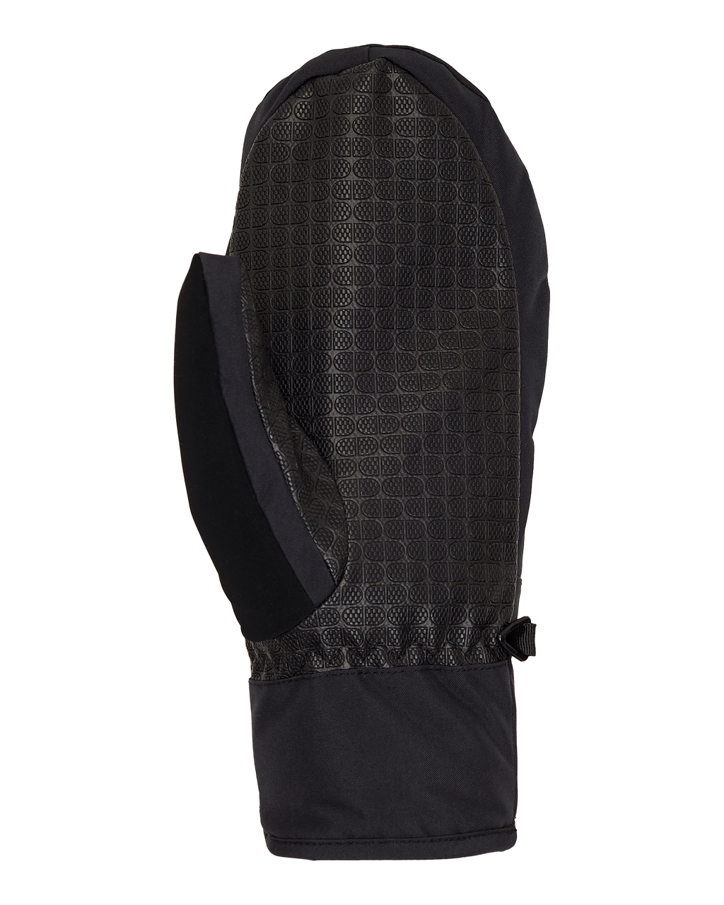 The DC Shoes Women’s Franchise Insulated Mittens, shown in black on a white background, feature a textured grid-patterned palm and a smooth cuff for reliable weather protection.