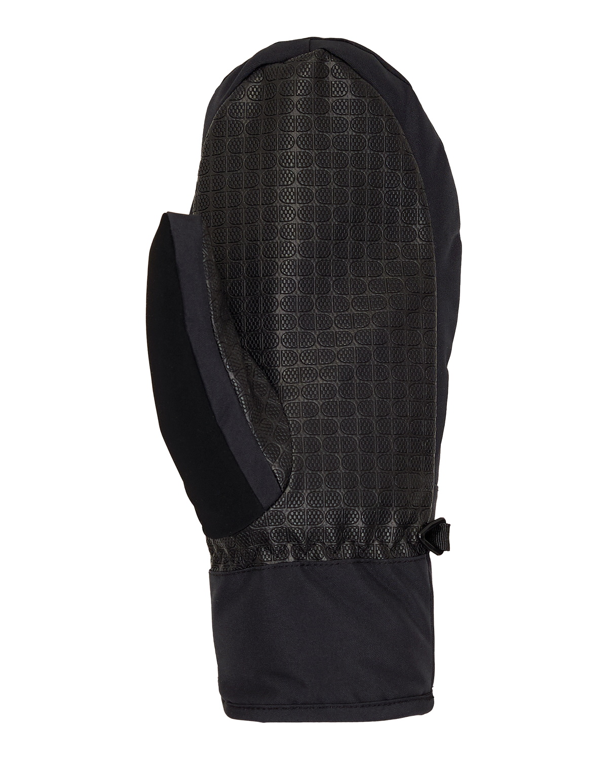 The DC Shoes Women’s Franchise Insulated Mittens, shown in black on a white background, feature a textured grid-patterned palm and a smooth cuff for reliable weather protection.