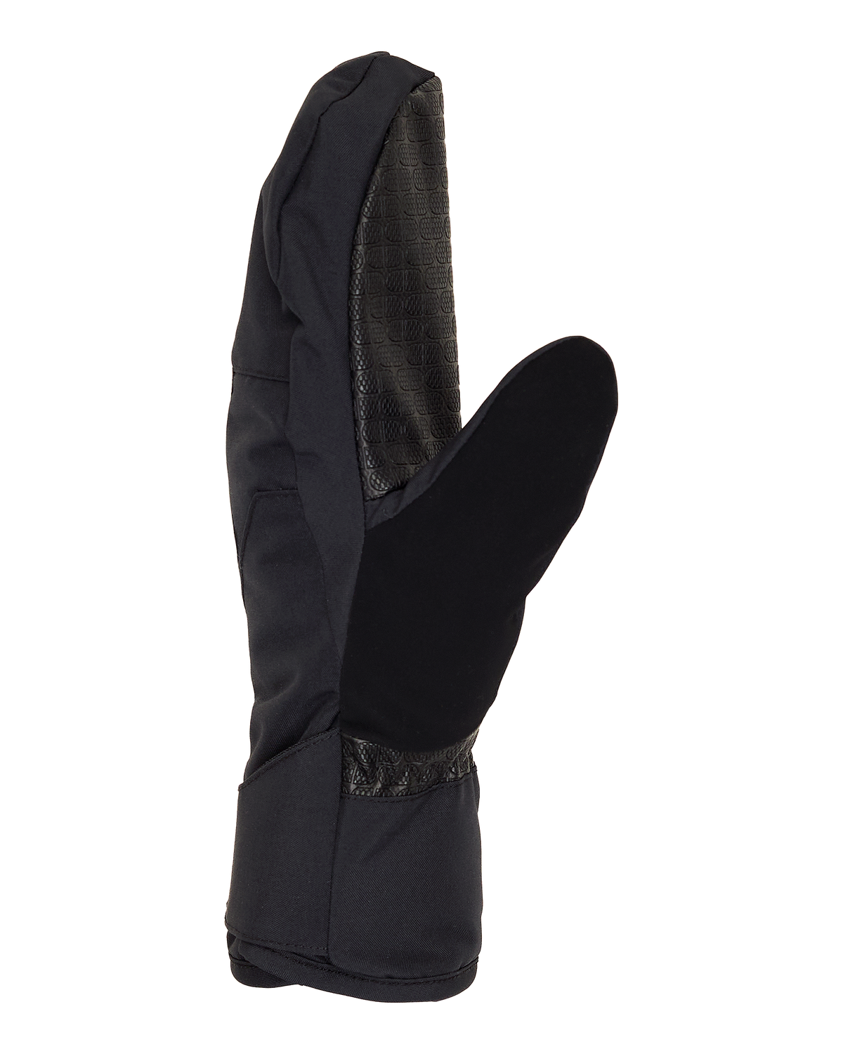 The DC Shoes Women’s Franchise Insulated Mittens feature a black, split-finger design with a textured palm and insulated fabric for excellent weather protection, displayed against a white background.