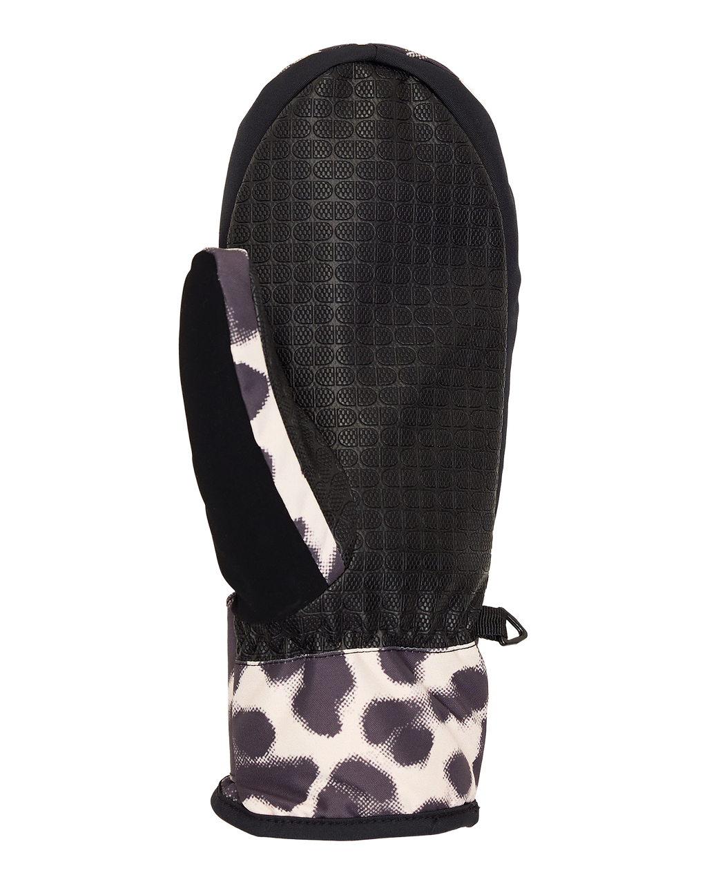 The DC Shoes Women’s Franchise Insulated Mitten features a textured black palm, a solid black thumb, and a white cuff with a stylish black and gray animal print—perfect for keeping your hands warm in winter weather.