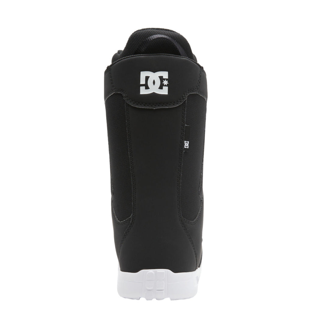 Rear view of a black DC Shoes sneaker with a white sole and the DC Shoes logo in white at the top of the heel, set against a white background; its design draws inspiration from the Women’s Phase BOA® Snowboard Boots by DC Shoes and incorporates advanced details reminiscent of the BOA® Fit System.