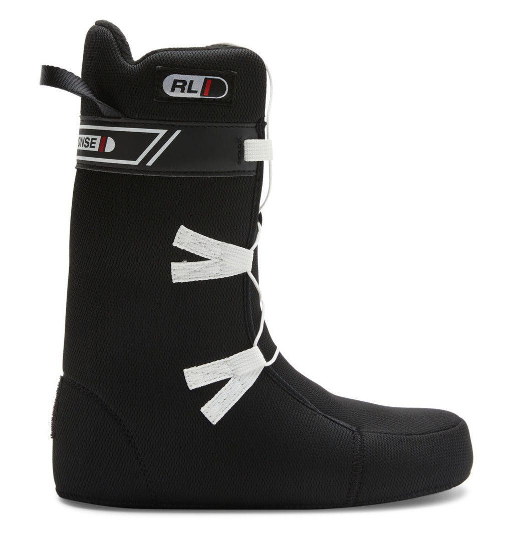 This black liner, designed for the DC Shoes Women’s Phase BOA® Snowboard Boots, features white laces, a convenient pull loop at the top, and a black strap circling the upper section. Shown upright from a side view against a white background, it’s an essential component for those seeking comfort and precision with their BOA® Fit System setup.