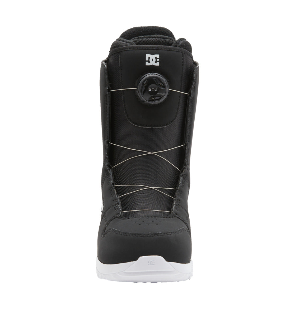 Front view of a black Women’s Phase BOA® Snowboard Boot by DC Shoes, featuring a white sole, silver lace system, and the DC logo on both the tongue and toe. The boot includes a round tightening dial on the front with the BOA® Fit System for precise adjustments—seamlessly merging style and function in this signature DC Shoes design.