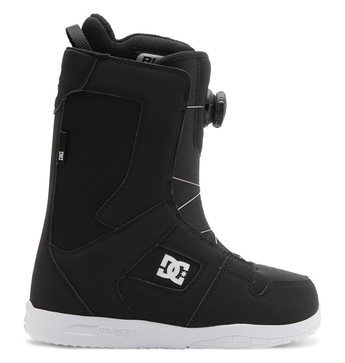 A side view of the DC Shoes Women’s Phase BOA® Snowboard Boot in black with a white logo. This boot features the BOA® Fit System for quick and easy adjustment, along with a textured rubber sole designed to deliver optimal snowboarding performance and comfort.