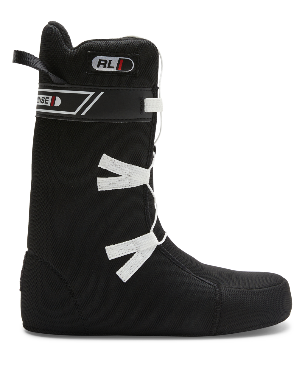 A black Women’s Phase BOA® Snowboard Boot liner by DC Shoes with white laces, featuring a pull tab at the heel and sleek white stripe accents around the ankle. Shown from the side against a white background, this boot offers a classic look and dependable fit—perfect for those who prefer traditional laces or want to upgrade to the convenience of the BOA® Fit System.