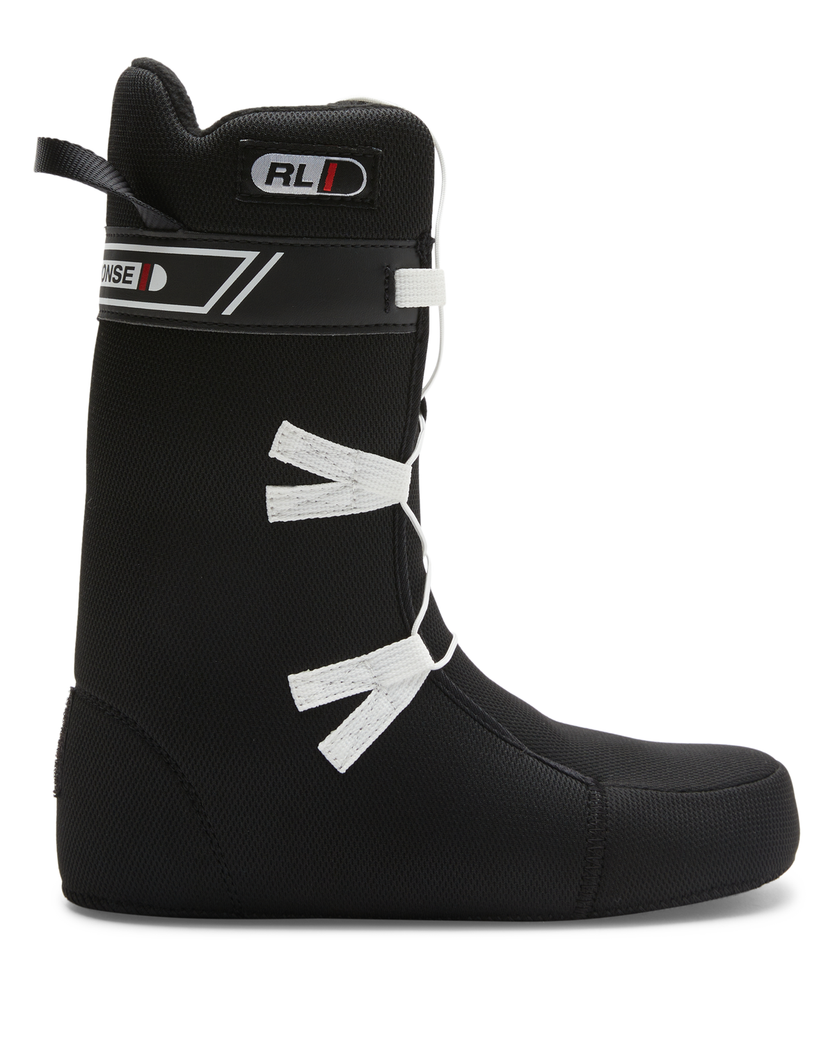 A black Women’s Phase BOA® Snowboard Boot liner by DC Shoes with white laces, featuring a pull tab at the heel and sleek white stripe accents around the ankle. Shown from the side against a white background, this boot offers a classic look and dependable fit—perfect for those who prefer traditional laces or want to upgrade to the convenience of the BOA® Fit System.