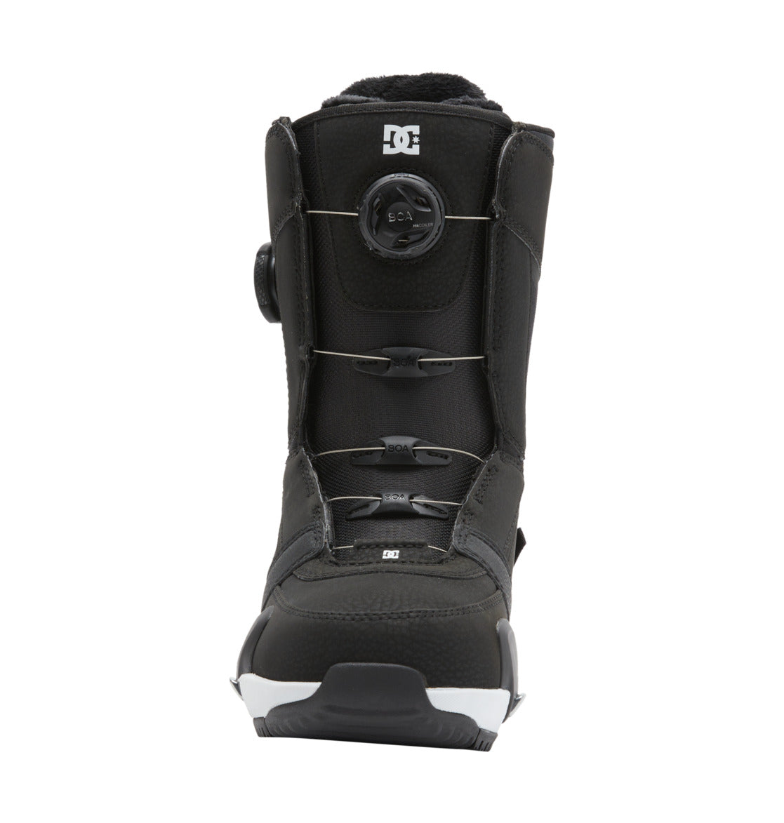 A front-facing image of the DC Shoes Women’s Lotus Step On® Snowboard Boot in black, featuring the Dual Zone BOA Fit System with a round tightening dial on the front, silver laces, and the DC logo near the top, displayed against a white background.
