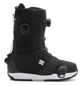 The DC Shoes Women’s Lotus Step On® Snowboard Boot in black with a white sole is shown from the left side view against a white background, featuring the Dual Zone BOA Fit System and displaying the DC logo on the side.