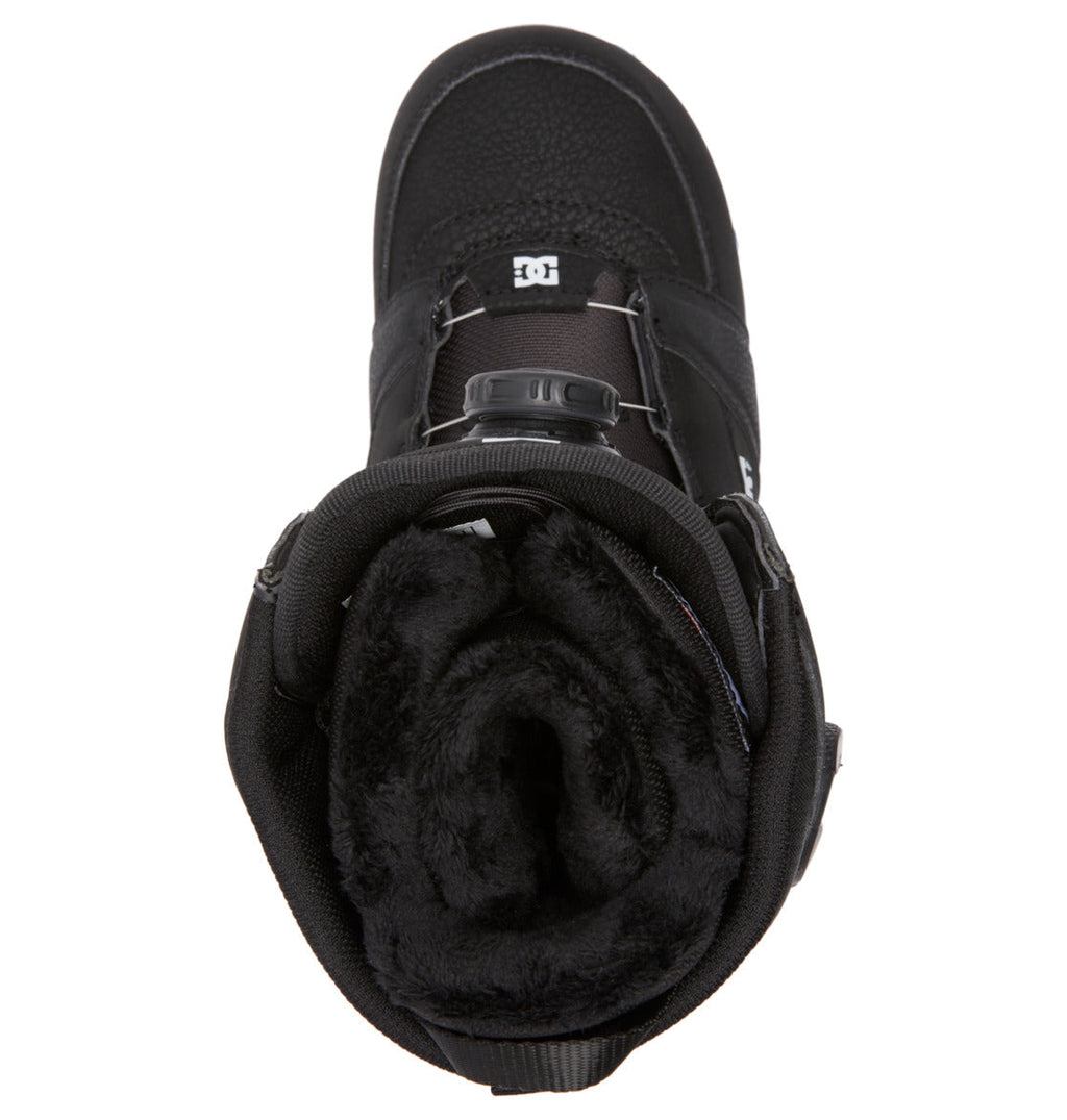 Top view of the Women's Lotus BOA® Snowboard Boots by DC Shoes in black, featuring a plush R2 liner, Dual Zone BOA® Fit System, DC logo near the top, and a durable UNILITE outsole for high performance.